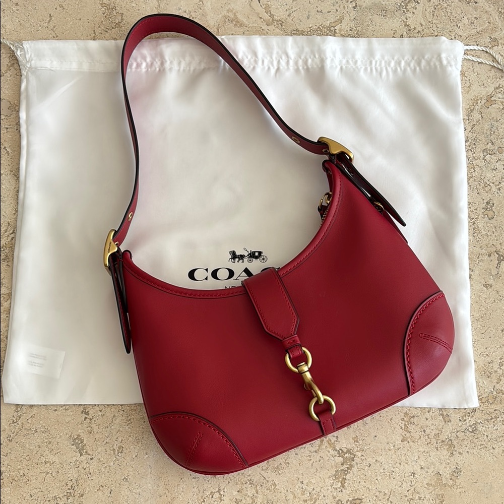 Coach Hamptons Hobo Red Leather Bag with Brass Hardware
